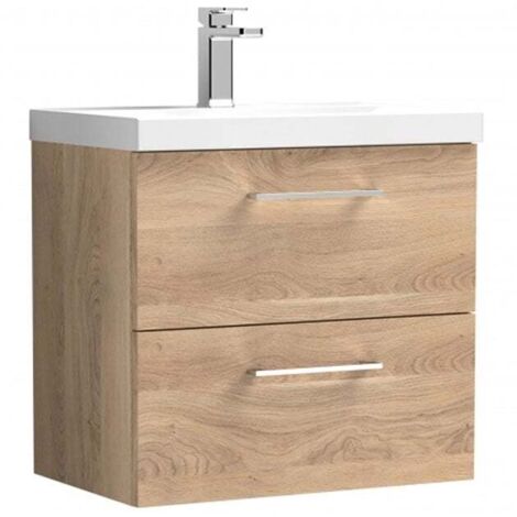 Nuie Arno Bleached Oak Woodgrain 600mm Wall Hung 2 Drawer Vanity Unit and Mid Edge Ceramic Basin - ARN3024A (1/5)
