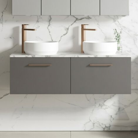 Nuie Arno Wall Hung 2-Drawer Vanity Unit with Carrera Marble Worktop 1200mm Wide - Satin Grey (1/5)
