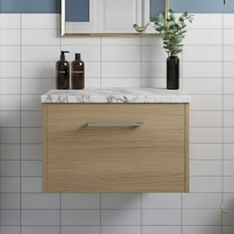 Hudson Reed Juno Wall Hung 1-Drawer Vanity Unit with Carrera Marble Worktop 600mm Wide - Autumn Oak