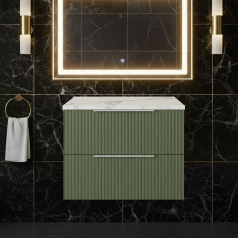 Hudson Reed Fluted Wall Hung 2-Drawer Vanity Unit with Carrera Marble Worktop 600mm Wide - Satin Green (1/4)
