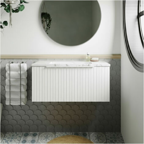 Hudson Reed Fluted Wall Hung 1-Drawer Vanity with Carrera Marble Worktop 800mm Wide - Satin White