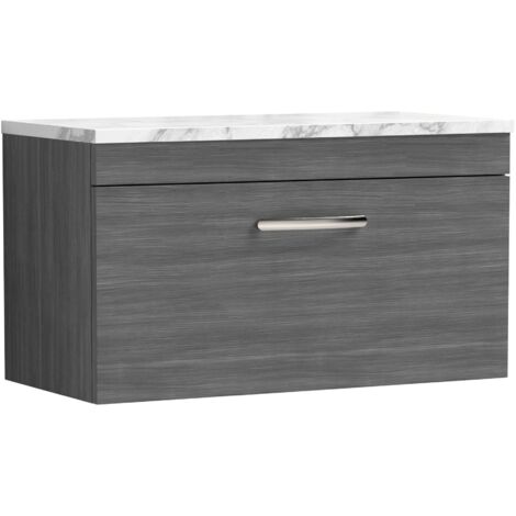 Nuie Athena Wall Hung 1-Drawer Vanity Unit with Carrera Marble Worktop 800mm Wide - Anthracite Woodgrain (1/4)