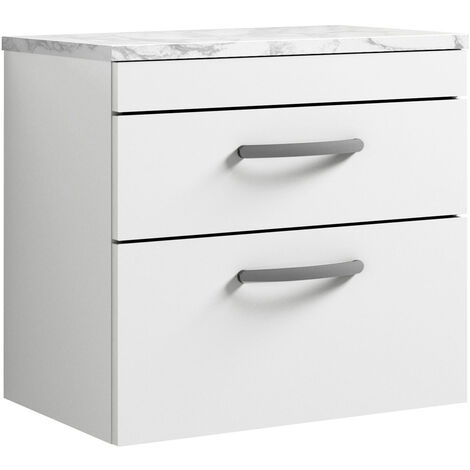 Nuie Athena Wall Hung 2-Drawer Vanity Unit with Carrera Marble Worktop 600mm Wide - Gloss White (1/4)