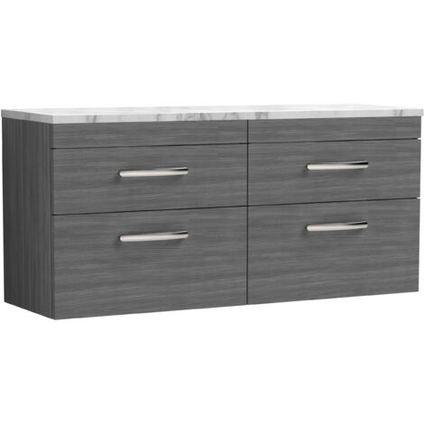 Nuie Athena Wall Hung 4-Drawer Vanity Unit with Carrera Marble Worktop 1200mm Wide - Anthracite Woodgrain (1/4)