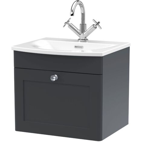 Nuie Classique Satin Soft Black 500mm Wall Hung Single Drawer Vanity Unit and 30mm Profile Curved Basin - CLC1491J