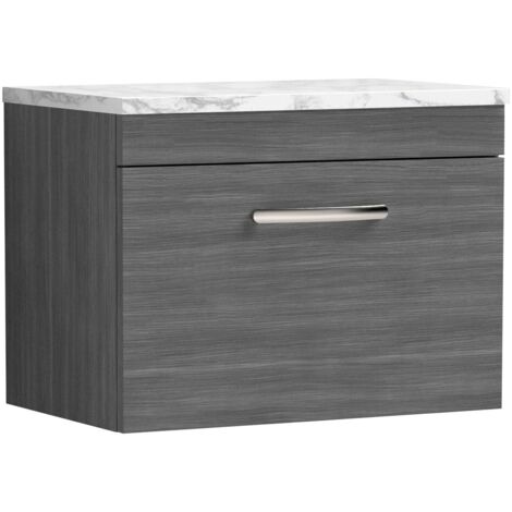 Nuie Athena Wall Hung 1-Drawer Vanity Unit with Carrera Marble Worktop 600mm Wide - Anthracite Woodgrain (1/4)