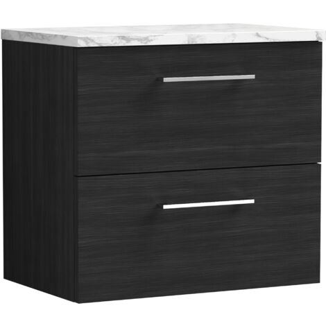 Nuie Arno Wall Hung 2-Drawer Vanity Unit with Carrera Marble Worktop 600mm Wide - Charcoal Black Woodgrain (1/4)