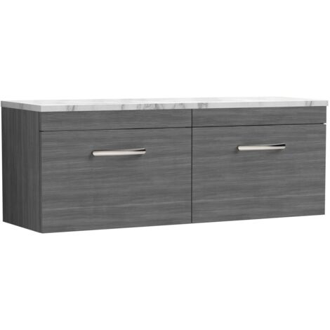 Nuie Athena Wall Hung 2-Drawer Vanity Unit with Carrera Marble Worktop 1200mm Wide - Anthracite Woodgrain (1/4)