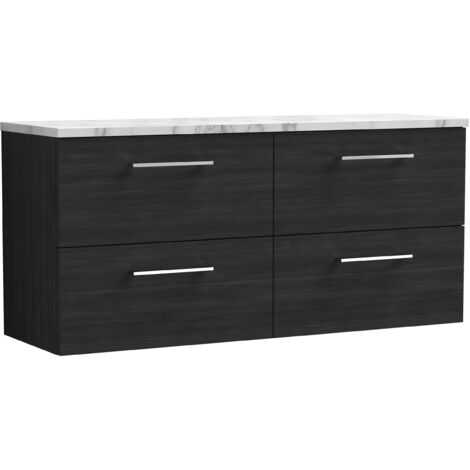 Nuie Arno Wall Hung 4-Drawer Vanity Unit with Carrera Marble Worktop 1200mm Wide - Charcoal Black Woodgrain (1/4)