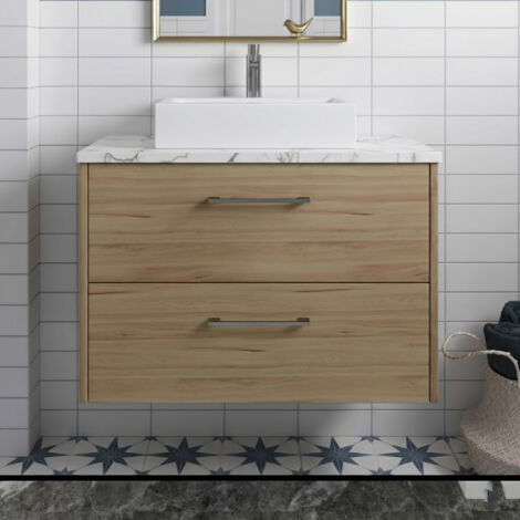 Hudson Reed Juno Wall Hung 2-Drawer Vanity Unit with Carrera Marble Worktop 800mm Wide - Autumn Oak