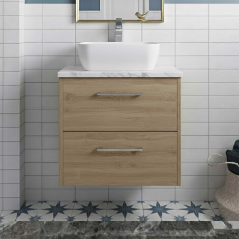 Hudson Reed Juno Wall Hung 2-Drawer Vanity Unit with Carrera Marble Worktop 600mm Wide - Autumn Oak