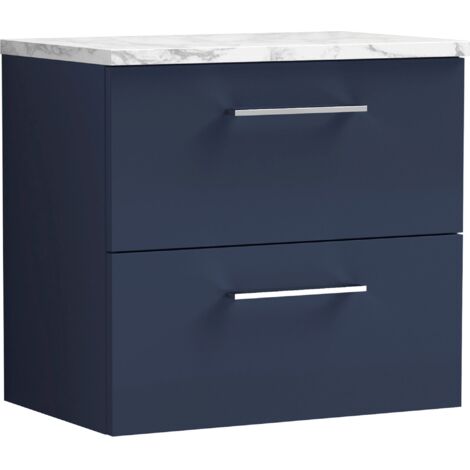 Nuie Arno Wall Hung 2-Drawer Vanity Unit with Carrera Marble Worktop 600mm Wide - Midnight Blue (1/4)