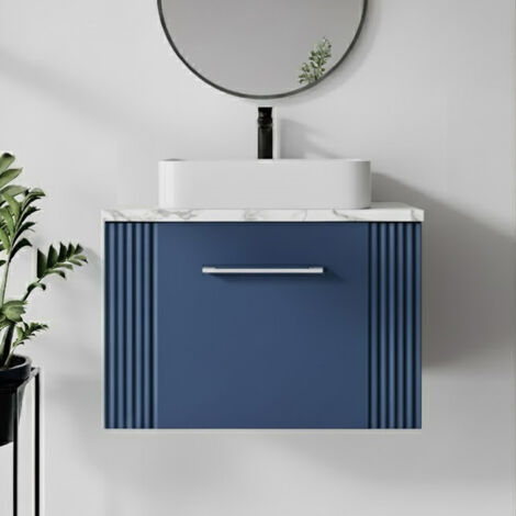 Nuie Deco Wall Hung 1-Drawer Vanity Unit with Carrera Marble Worktop 600mm Wide - Satin Blue
