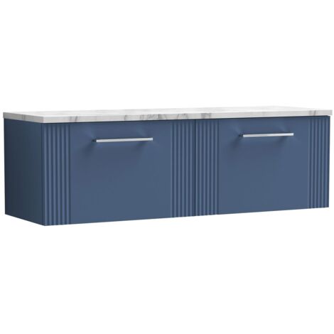 Nuie Deco Wall Hung 2-Drawer Vanity Unit with Carrera Marble Worktop 1200mm Wide - Satin Blue (1/4)