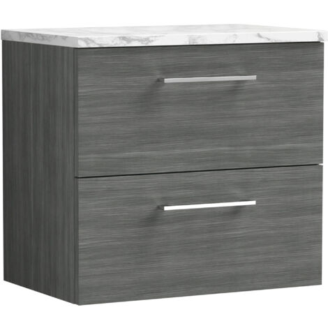 Nuie Arno Wall Hung 2-Drawer Vanity Unit with Carrera Marble Worktop 600mm Wide - Anthracite Woodgrain (1/4)