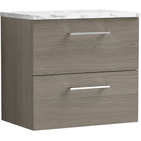 Nuie Arno Wall Hung 2-Drawer Vanity Unit with Carrera Marble Worktop 600mm Wide - Solace oak