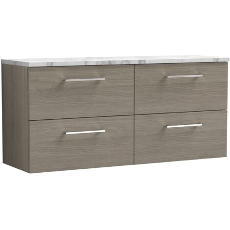 Nuie Arno Wall Hung 4-Drawer Vanity Unit with Carrera Marble Worktop 1200mm Wide - Solace Oak (1/4)