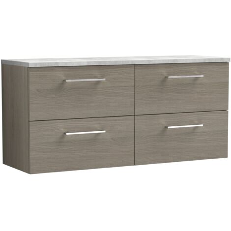Nuie Arno Wall Hung 4-Drawer Vanity Unit with Bellato Grey Worktop 1200mm Wide - Solace Oak (1/4)