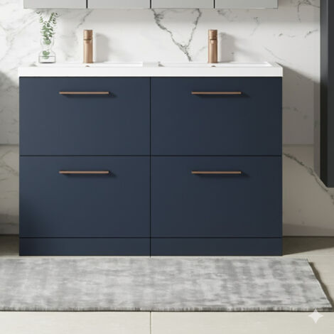 Nuie Arno Floor Standing 4-Drawer Vanity Unit with Double Polymarble Basin 1200mm Wide - Midnight Blue (1/5)