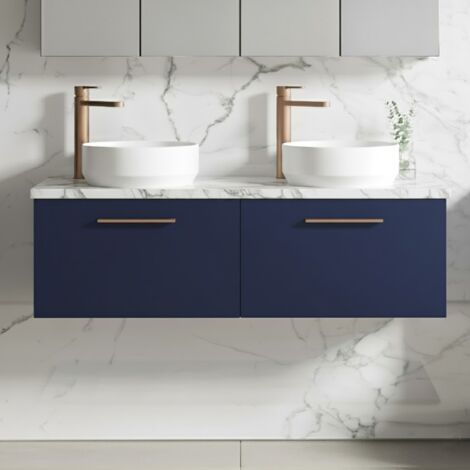Nuie Arno Wall Hung 2-Drawer Vanity Unit with Carrera Marble Worktop 1200mm Wide - Midnight Blue (1/5)