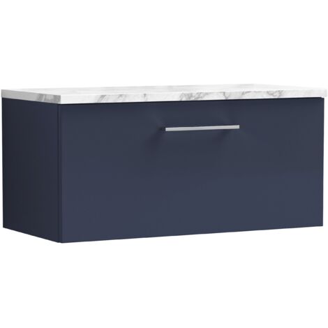 Nuie Arno Wall Hung 1-Drawer Vanity Unit with Carrera Marble Worktop 800mm Wide - Midnight Blue (1/4)