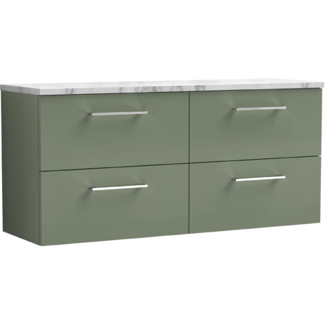 Nuie Arno Wall Hung 4-Drawer Vanity Unit with Carrera Marble Worktop 1200mm Wide - Satin Green (1/4)