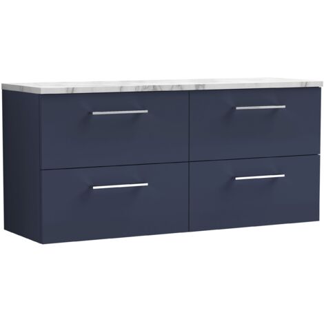 Nuie Arno Wall Hung 4-Drawer Vanity Unit with Carrera Marble Worktop 1200mm Wide - Midnight Blue (1/4)