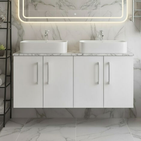 Nuie Arno Wall Hung 4-Door Vanity Unit with Carrera Marble Worktop 1200mm Wide - Gloss White (1/5)