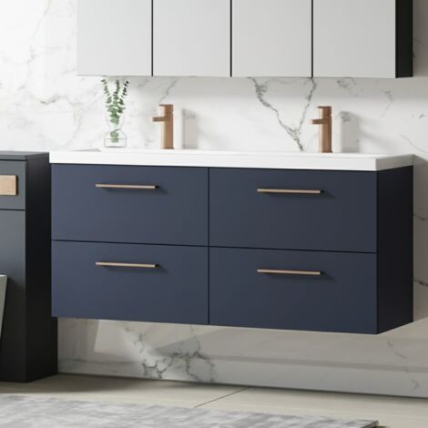 Nuie Arno Wall Hung 4-Drawer Vanity Unit with Double Ceramic Basin 1200mm Wide - Midnight Blue (1/5)