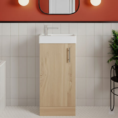 Nuie Vault Floor Standing 1-Door Vanity Unit with Basin 400mm Wide - Bleached Oak (1/5)