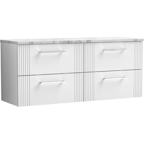 Nuie Deco Wall Hung 4-Drawer Vanity Unit with Carrera Marble Worktop 1200mm Wide - Satin White (1/4)
