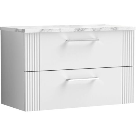 Nuie Deco Wall Hung 2-Drawer Vanity Unit with Carrera Marble Worktop 800mm Wide - Satin White (1/4)