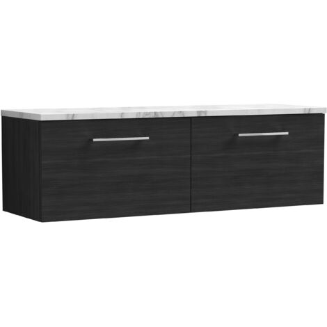 Nuie Arno Wall Hung 2-Drawer Vanity Unit with Carrera Marble Worktop 1200mm Wide - Charcoal Black Woodgrain (1/4)