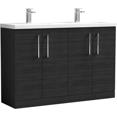 Nuie Arno Floor Standing 4-Door Vanity Unit with Double Ceramic Basin 1200mm Wide - Black Woodgrain (1/5)