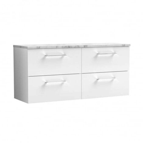 Nuie Arno Wall Hung 4-Drawer Vanity Unit with Carrera Marble Worktop 1200mm Wide - Gloss White (1/4)
