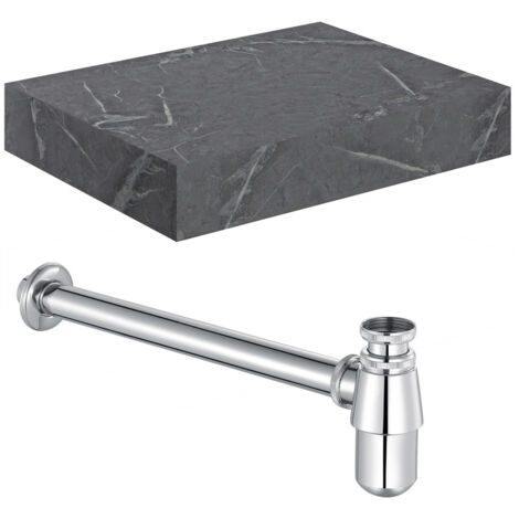 Signature Grove Wall Hung Basin Shelf with Chrome Bottle Trap 600mm Wide - Grey Marble (1/2)