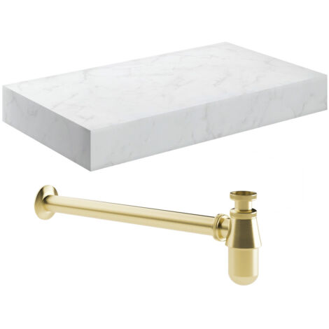 Signature Grove Wall Hung Basin Shelf with Brushed Brass Bottle Trap 800mm Wide - White Marble (1/2)