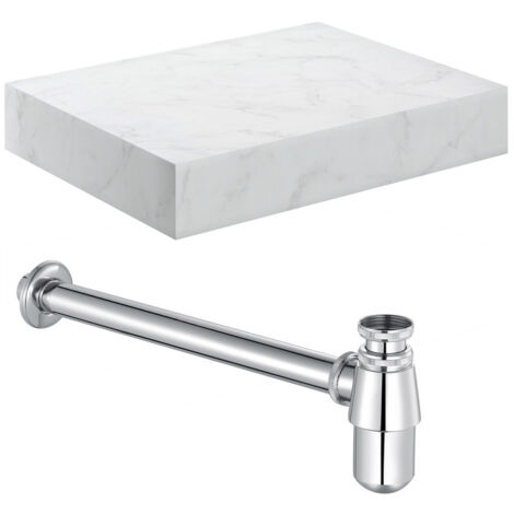 Signature Grove Wall Hung Basin Shelf with Chrome Bottle Trap 600mm Wide - White Marble (1/2)