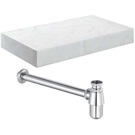 Signature Grove Wall Hung Basin Shelf with Chrome Bottle Trap 800mm Wide - White Marble (1/2)