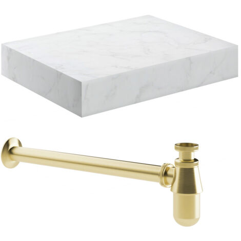 Signature Grove Wall Hung Basin Shelf with Brushed Brass Bottle Trap 600mm Wide - White Marble (1/2)