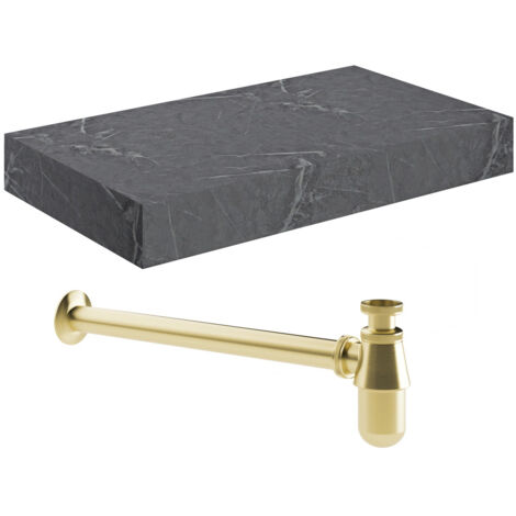 Signature Grove Wall Hung Basin Shelf with Brushed Brass Bottle Trap 800mm Wide - Grey Marble (1/2)