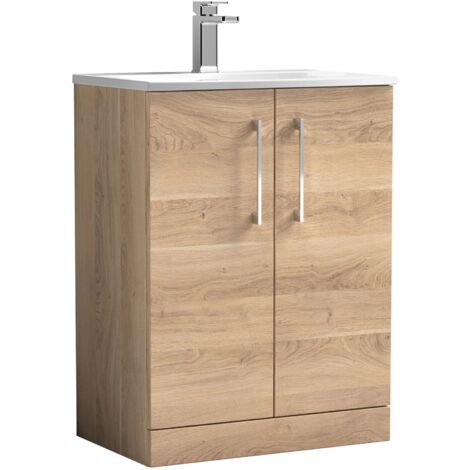 Nuie Arno Bleached Oak Woodgrain 600mm 2 Door Vanity Unit and Curved Ceramic Basin - ARN3003G