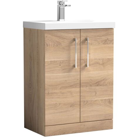 Nuie Arno Bleached Oak Woodgrain 600mm 2 Door Vanity Unit and Thin Edge Ceramic Basin - ARN3003D (1/4)