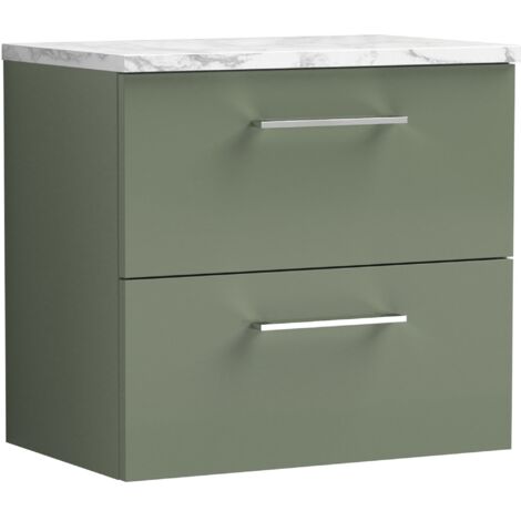 Nuie Arno Wall Hung 2-Drawer Vanity Unit with Carrera Marble Worktop 600mm Wide - Satin Green (1/4)