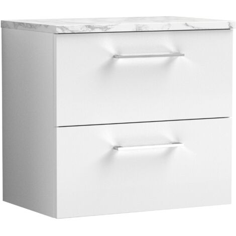Nuie Arno Wall Hung 2-Drawer Vanity Unit with Carrera Marble Worktop 600mm Wide - Gloss White (1/4)
