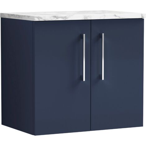 Nuie Arno Wall Hung 2-Door Vanity Unit with Carrera Marble Worktop 600mm Wide - Midnight Blue (1/4)