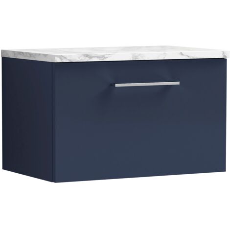 Nuie Arno Wall Hung 1-Drawer Vanity Unit with Carrera Marble Worktop 600mm Wide - Midnight Blue (1/4)