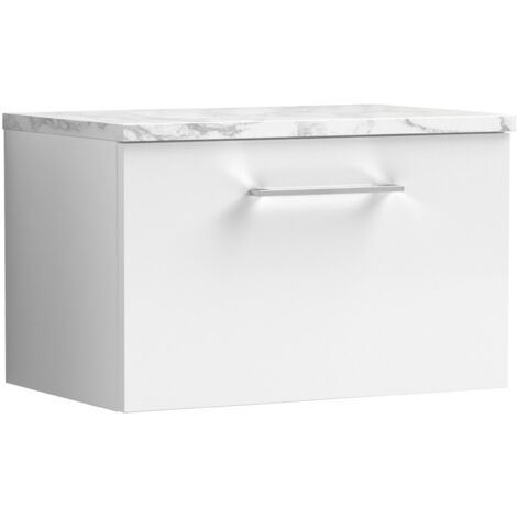 Nuie Arno Wall Hung 1-Drawer Vanity Unit with Carrera Marble Worktop 600mm Wide - Gloss White (1/4)