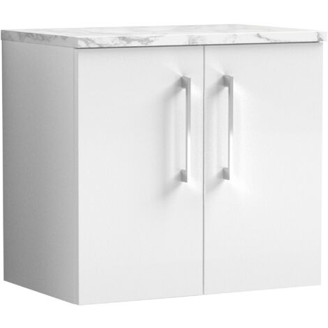Nuie Arno Wall Hung 2-Door Vanity Unit with Carrera Marble Worktop 600mm Wide - Gloss White (1/4)