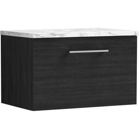 Nuie Arno Wall Hung 1-Drawer Vanity Unit with Carrera Marble Worktop 600mm Wide - Charcoal Black Woodgrain (1/4)
